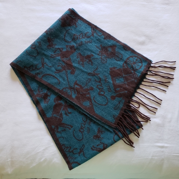 Like New Coach Teal & Brown Wool/Cashmere Scarf - Picture 5 of 7